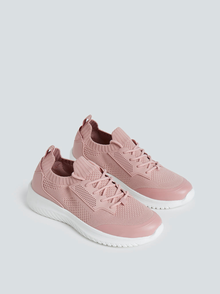 LUNA BLU Pink Knit-Textured Lace-Up Sneakers